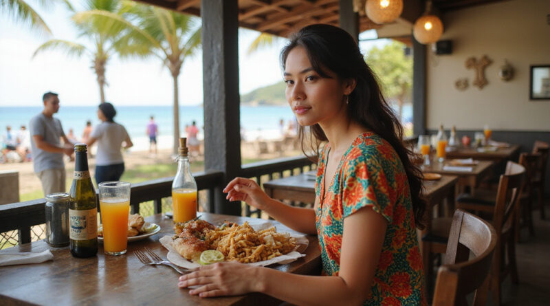 Young backpacker dining in authentic Brazilian restaurant in Buzios