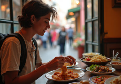 Young backpacker exploring culinary delights in מסעדות בצ'יקליו פרו