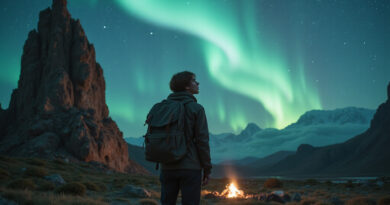 Backpacker marveling at Tierra del Fuego landscape in Chile