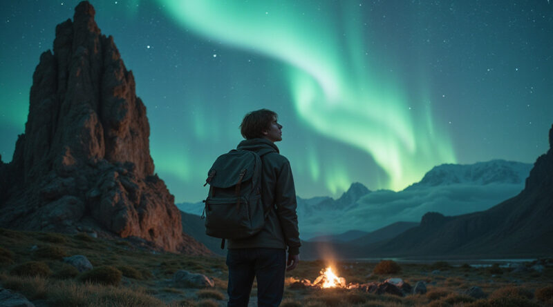 Backpacker marveling at Tierra del Fuego landscape in Chile