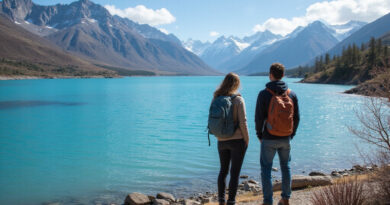 Backpackers exploring attractions at Lake Luciano, Chile