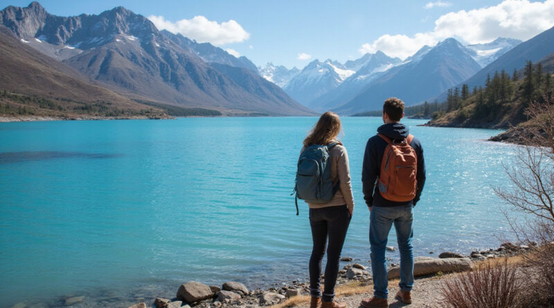 Backpackers exploring attractions at Lake Luciano, Chile