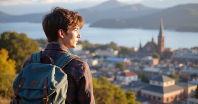 Backpacker overlooking vibrant city of Puerto Varas, Chile