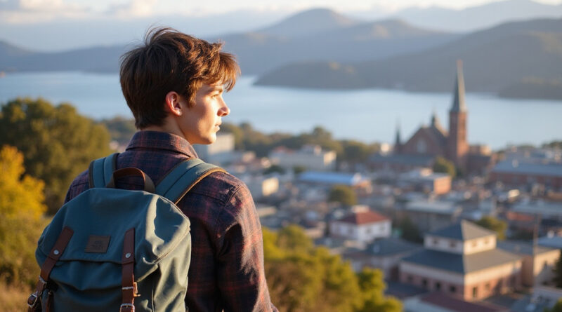 Backpacker overlooking vibrant city of Puerto Varas, Chile