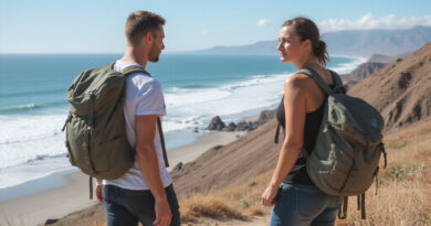 Young backpackers exploring popular attractions in Arica, Chile