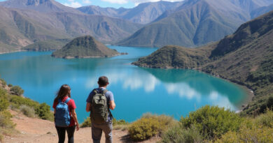 Backpackers in Quilotoa Chile enjoying the vibrant volcanic landscape
