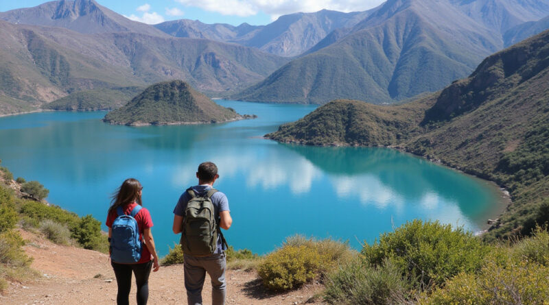 Backpackers in Quilotoa Chile enjoying the vibrant volcanic landscape