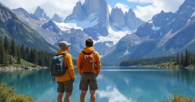 Backpackers admiring the scenic beauty of Torres Del Paine, Chile