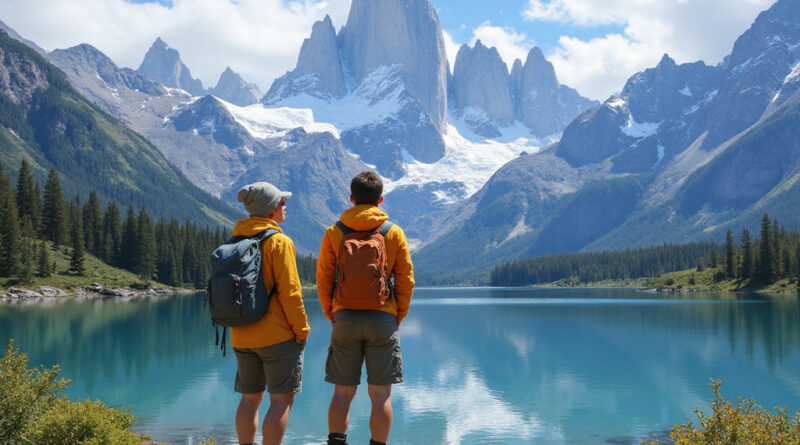 Backpackers admiring the scenic beauty of Torres Del Paine, Chile