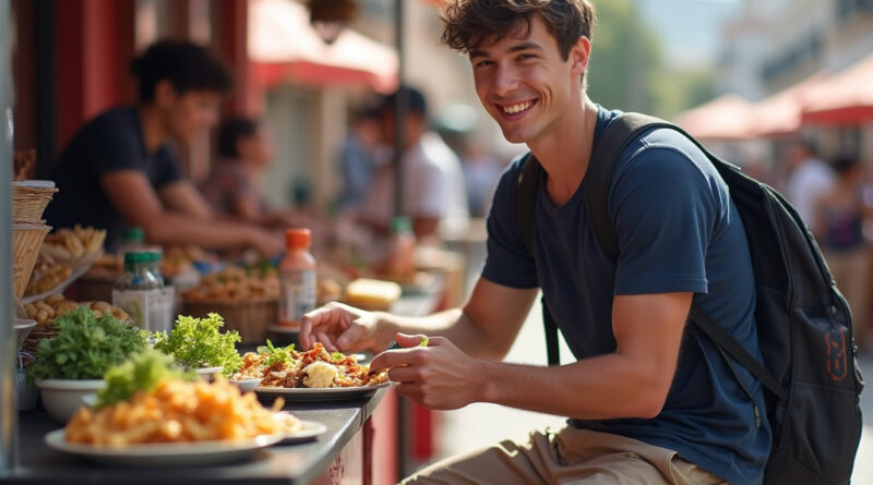 Young backpacker enjoying local cuisine in מסעדות באיקיקה צ'ילה