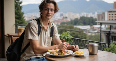 Backpacker enjoying authentic Chilean cuisine in Santiago, Chile restaurant