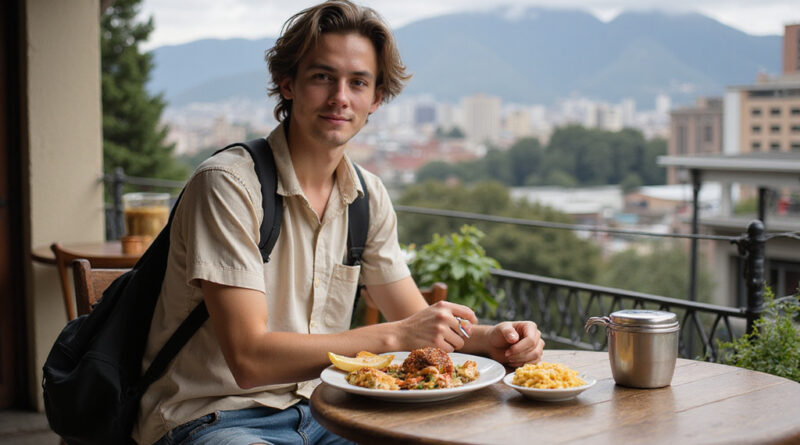 Backpacker enjoying authentic Chilean cuisine in Santiago, Chile restaurant
