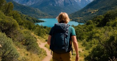 Backpacker trekking picturesque trail in Coyai, Chile
