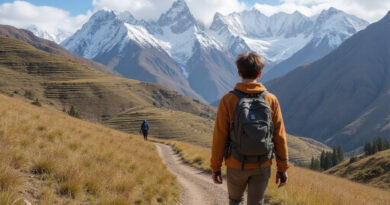 Backpacker exploring Chinchero Peru attractions alone