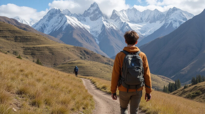 Backpacker exploring Chinchero Peru attractions alone