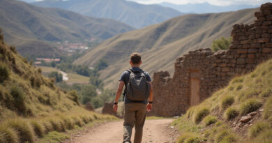 Backpacker exploring breathtaking Chinchero, Peru terraces and ruins