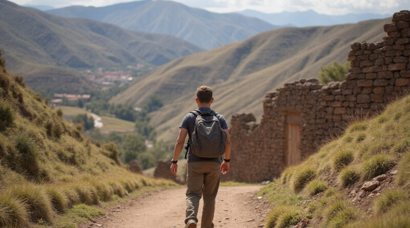 Backpacker exploring breathtaking Chinchero, Peru terraces and ruins