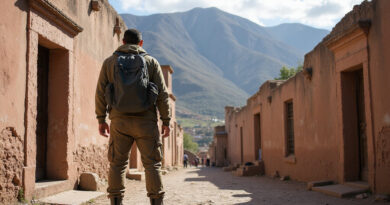 Backpackers exploring ancient ruins in Chinchero, Peru