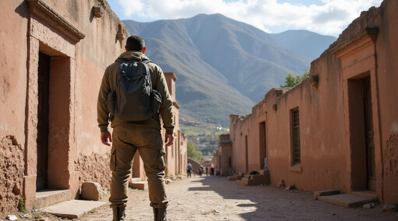 Backpackers exploring ancient ruins in Chinchero, Peru