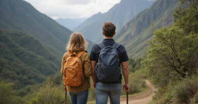 Young backpackers exploring a Colombian location for adventure