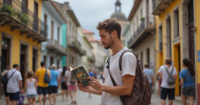 Young adult backpacker enjoying scenic Cartagena Colombia