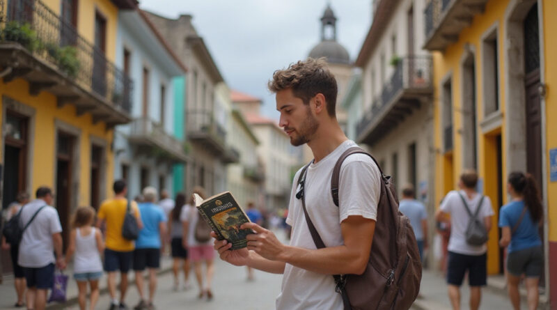 Young adult backpacker enjoying scenic Cartagena Colombia