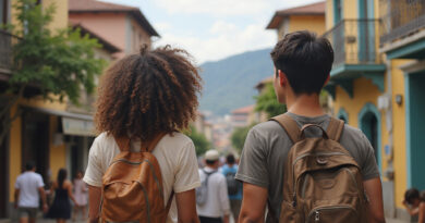 Backpackers enjoying vibrant street life in Medellin, Colombia