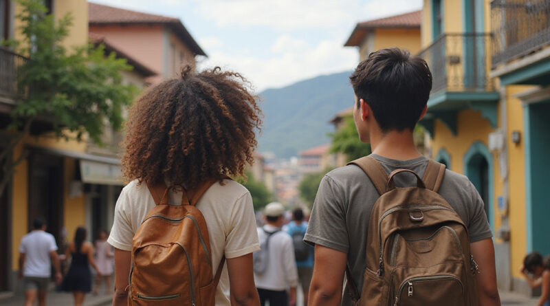 Backpackers enjoying vibrant street life in Medellin, Colombia