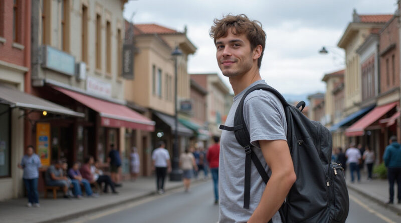 צעיר עם תיק גב מגלה אטרקציות בטמוקו, צ'ילה