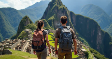 Backpackers on a trekking trail towards Machu Picchu, Peru