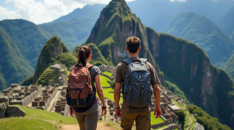 Backpackers on a trekking trail towards Machu Picchu, Peru