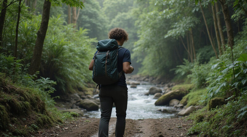 Young adult backpacker trekking in Manu National Park, Peru