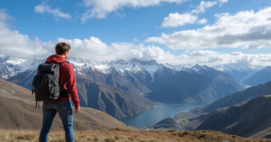 Young adult backpacker admiring Porto Montt, Chile scenery