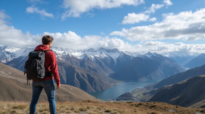 Young adult backpacker admiring Porto Montt, Chile scenery