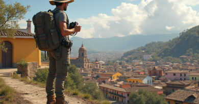 Backpacker exploring picturesque Trujillo Peru landmarks