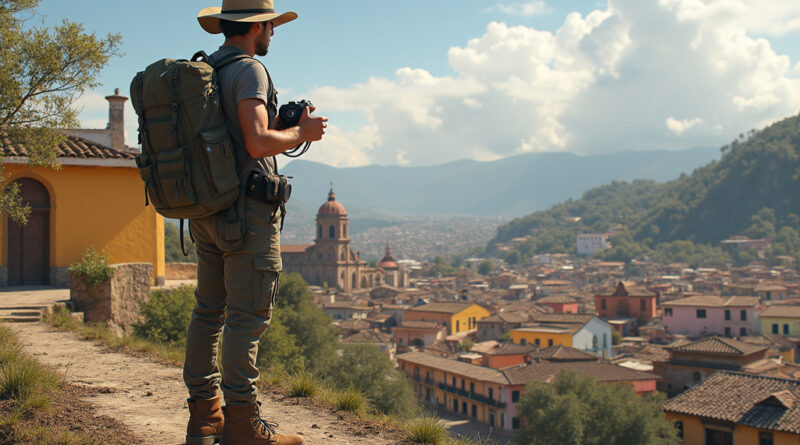 Backpacker exploring picturesque Trujillo Peru landmarks