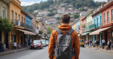 Young backpacker exploring vibrant Valparaiso, Chile cityscape