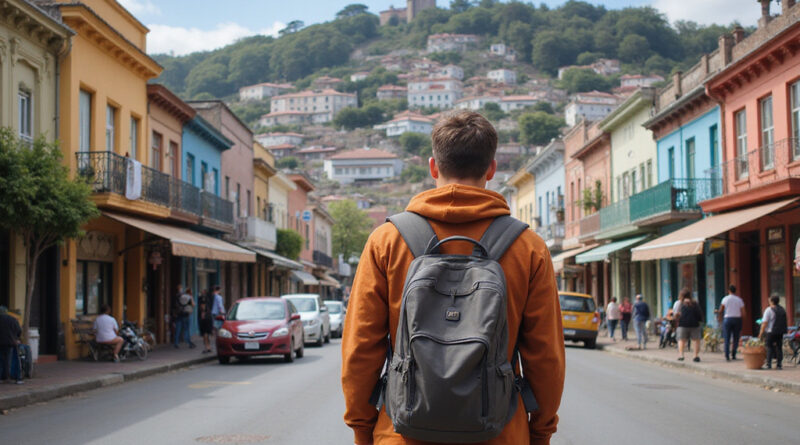 Young backpacker exploring vibrant Valparaiso, Chile cityscape