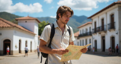 Backpacker exploring Villa de Leyva Colombia with a map