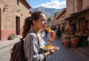 בחורה מטיילת מטעימה אוכל ברחוב מסעדות בקוסקו פרו