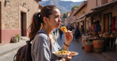 בחורה מטיילת מטעימה אוכל ברחוב מסעדות בקוסקו פרו