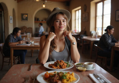 Young adult enjoying local cuisine at a restaurant in Puno, Peru