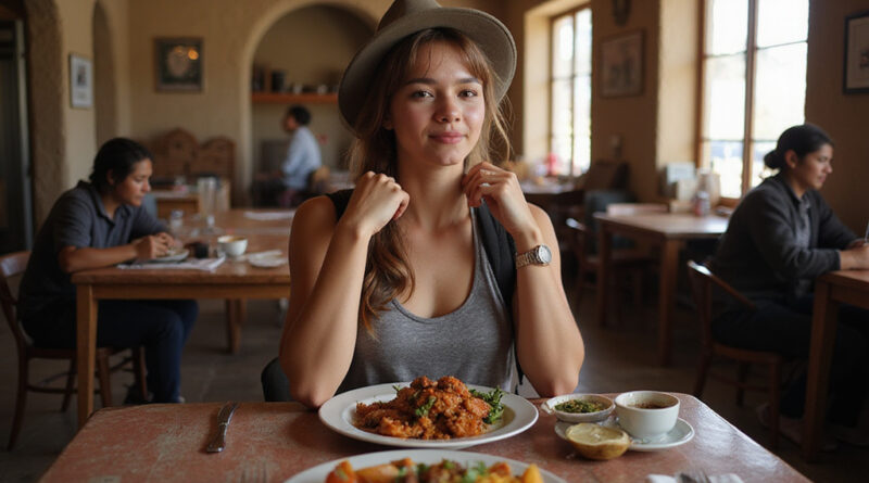 Young adult enjoying local cuisine at a restaurant in Puno, Peru