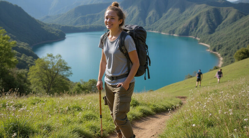 Young backpacker ready for trekking in stunning Guatapé, Colombia