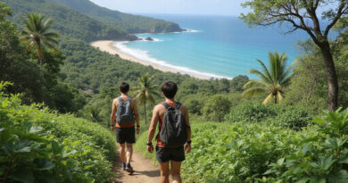 Backpackers trekking in tropical Fortaleza, Brazil