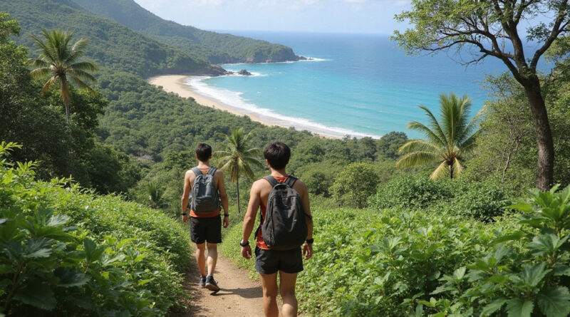 Backpackers trekking in tropical Fortaleza, Brazil