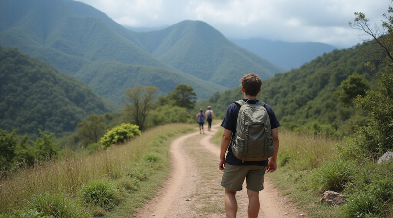 Young adult backpacker starting a trek in Santa Marta, Colombia