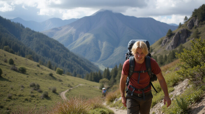 Blonde backpacker trekking through Chiquilao Peru's scenic trails