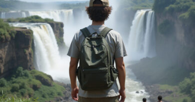 Backpacker admiring magnificent Iguaçu Falls in Brazil
