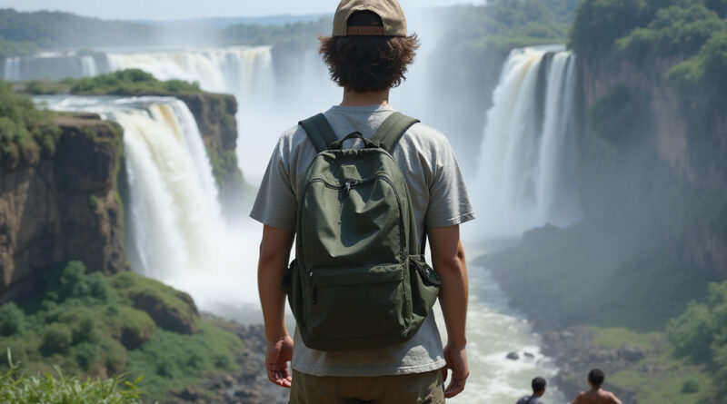 Backpacker admiring magnificent Iguaçu Falls in Brazil